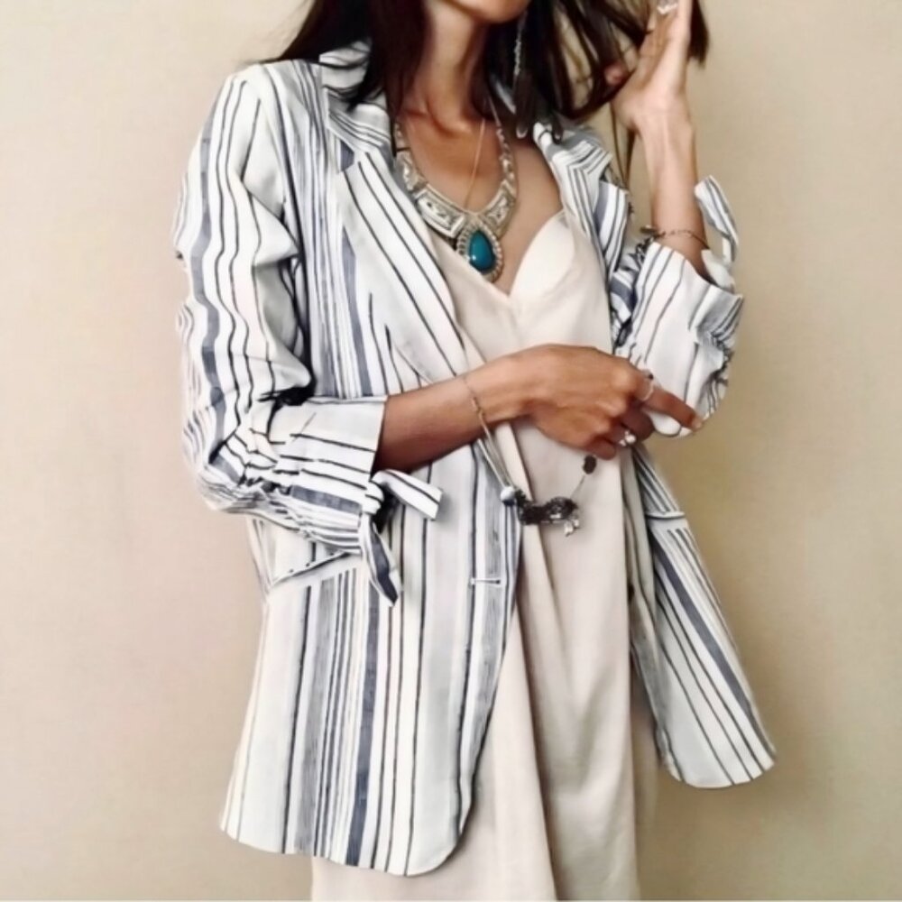 Anthropologie DREW Linen Blend Striped Blue White Catalina Blazer, L - Picture 1 of 10